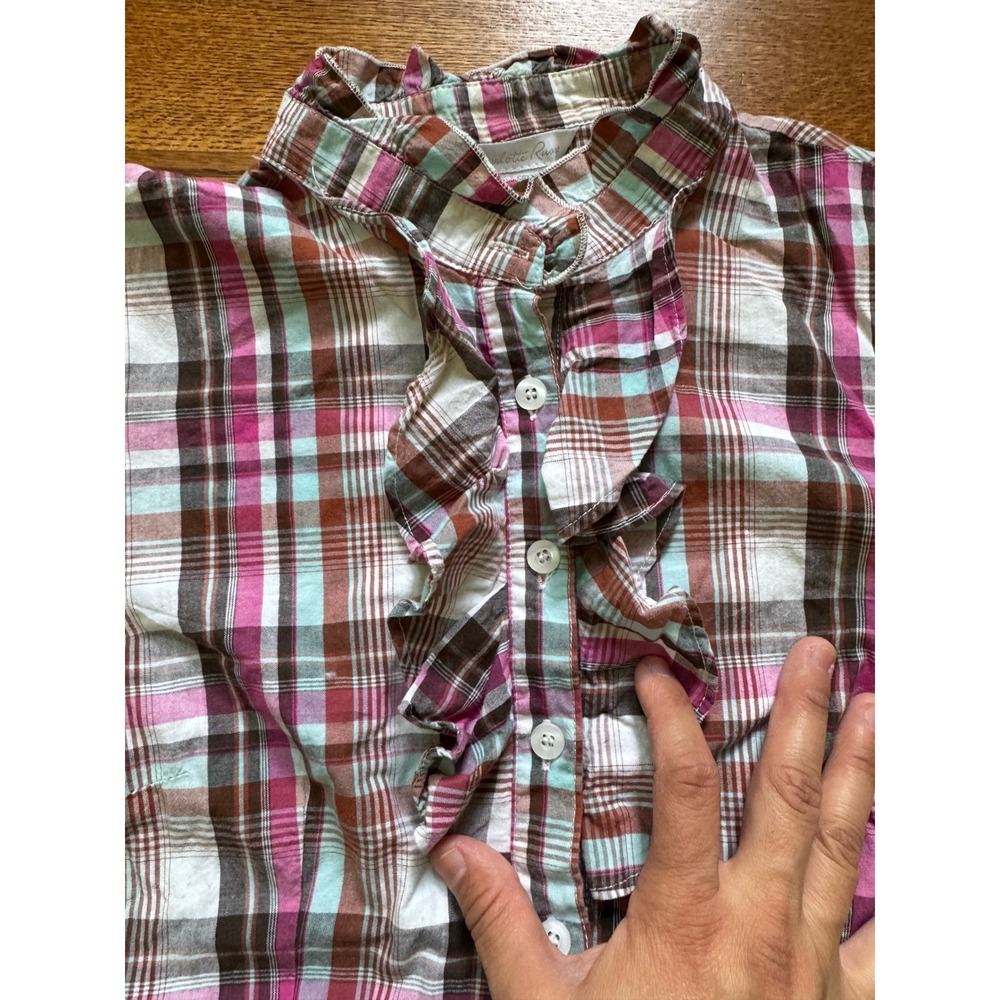 Charlotte Russe Plaid Ruffle Front Button Down Short Sleeve Top Pink Teal Size M - Picture 3 of 7
